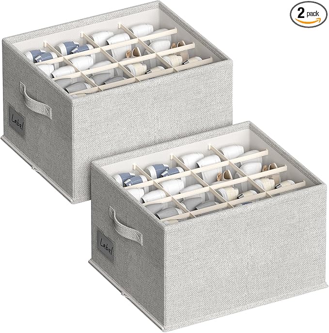 2 Pack Shoe Organizer for Closet, Fits 16-32 Pairs Fabric Shoe Storage Bins Large Shoe Box Storage Containers with Bottom Support for Shoes Space Saving Shoes Holder (Light grey, 19.7*15.7*11.8in)