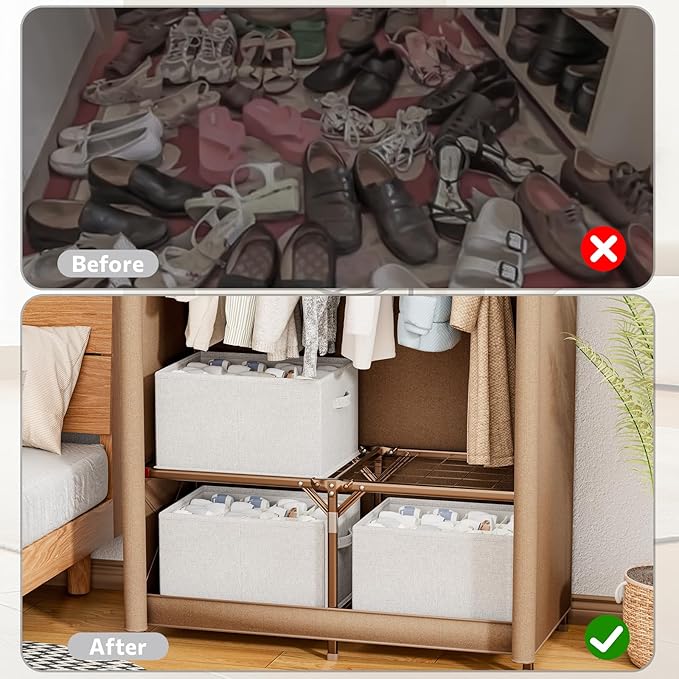 2 Pack Shoe Organizer for Closet, Fits 16-32 Pairs Fabric Shoe Storage Bins Large Shoe Box Storage Containers with Bottom Support for Shoes Space Saving Shoes Holder (Light grey, 19.7*15.7*11.8in)