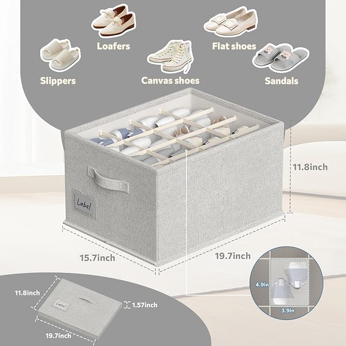 2 Pack Shoe Organizer for Closet, Fits 16-32 Pairs Fabric Shoe Storage Bins Large Shoe Box Storage Containers with Bottom Support for Shoes Space Saving Shoes Holder (Light grey, 19.7*15.7*11.8in)